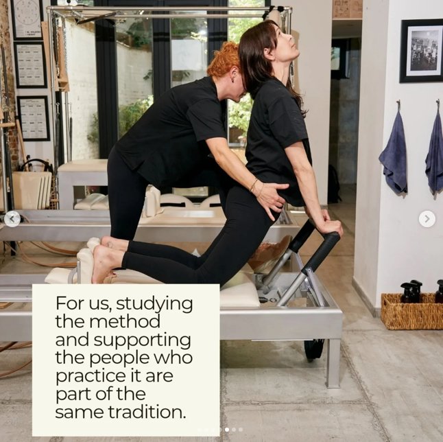 Classical Pilates teacher adjusting client on Reformer, Saint-Gilles Brussels